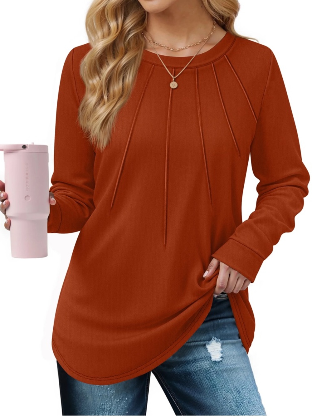 Women’s Rust Long-Sleeve Pleated Yoke Sweatshirt